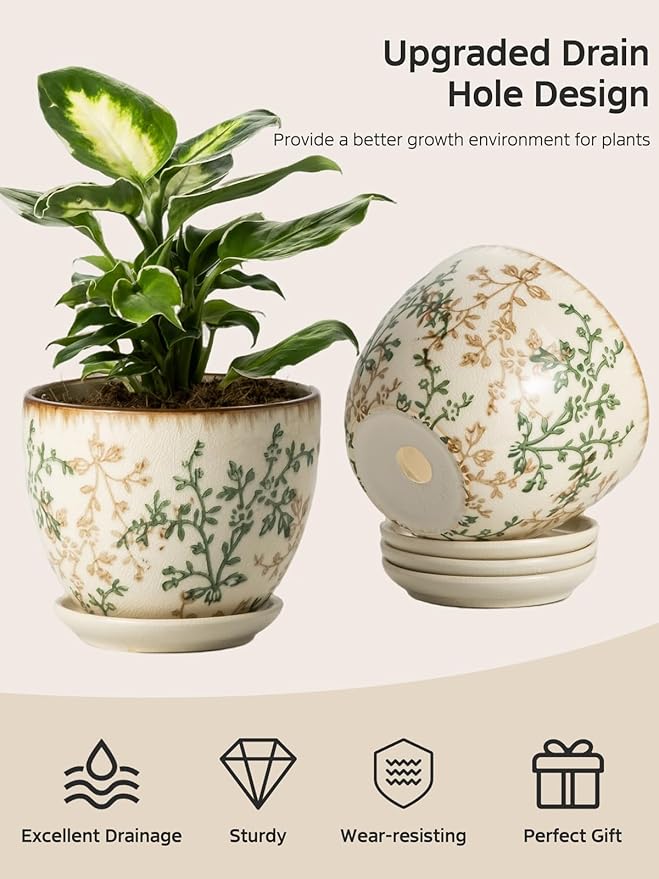 Ceramic Plant Pots, 4.8 Inch Succulent Pots, Planters with Drainage and Attached Saucer Set of 4, Vintage Floral Flower Pots for Home Decor, Plant Lover Gifts