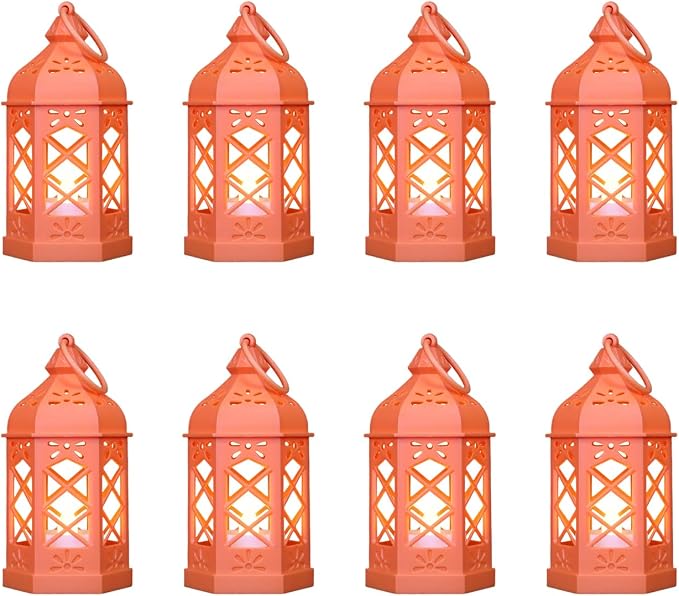 8-Pack Mini Lanterns for Ramadan, Halloween, Christmas, Small Lanterns with Flickering LED Candle for Enchanted Forest Wedding, Moroccan Lantern for Table Centerpiece, Medieval Decor, Orange