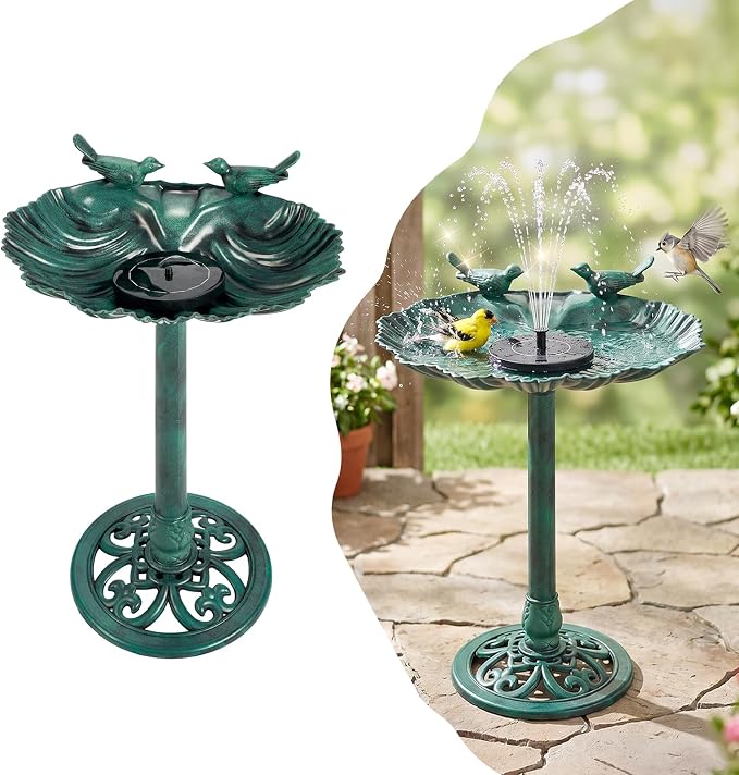 VINGLI Pedestal Bird Bath, Resin Birdbaths Weather Resistant Floral Accents and Vintage Finish Garden Decor for Outdoor Lightweight Courtyard (Green-Shell-Shaped with Solar Pump)