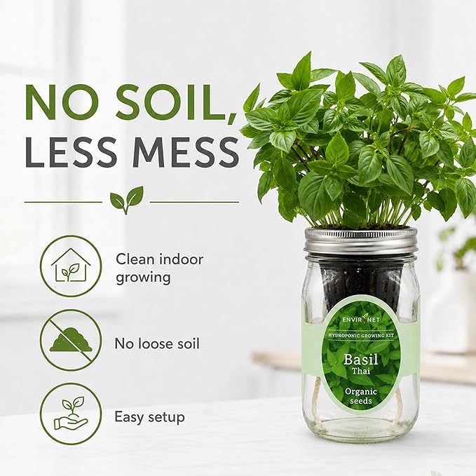 Hydroponic Herb Growing Kit, Self-Watering Mason Jar Herb Garden Starter Kit Indoor, Windowsill Herbs Garden, Grow Your Own Herbs from Organic Seeds (Thai Basil)