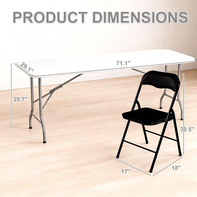 Elevon Folding Table Set with 8 Black Folding Chairs,6 Feet Heavy Duty Fold-in-Half Utility Table Sets for Picnic, Event, Training, Outdoor Activities, at Home and Commercial Use
