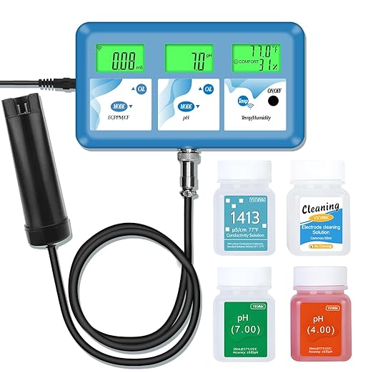 Hydroponic ppm pH Monitor, WiFi 6 in 1 pH EC Meter for Hydroponics Growing System,Continuous Monitoring pH PPM EC CF Humidity Temp of DWC Grow System Water Reservoir Tank Aeroponic Garden Aquarium