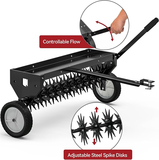 YITAMOTOR 40" Tow Behind Spike Aerator, Durable Lawn Aerator for Soil Penetrator with Transport Wheels & Galvanized Plug Coring Tines & Universal Hitch Tow Bar & Side Control Handle for ATV, Black