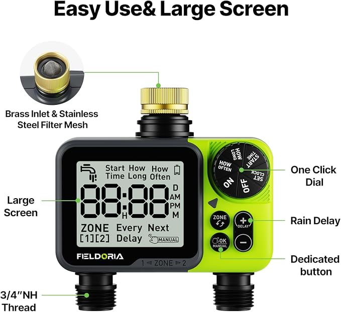 Sprinkler Timer- Water Timer for Garden Hose, Brass Inlet Programmable Watering Timer, Rain Delay Outdoor Soaker Auto& Manual Irrigation Controller System for Yard Lawn Greenhouse, 2 Outlets
