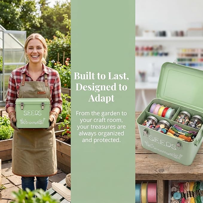 Covzoe Seed Storage Organizer, Metal Seed Saving Box with Garden String and 10 Wood Plant Labels, 3 Compartment Seed Container Bin with Lid and Safety Locks, Perfect for Flower Plants Garden Lover