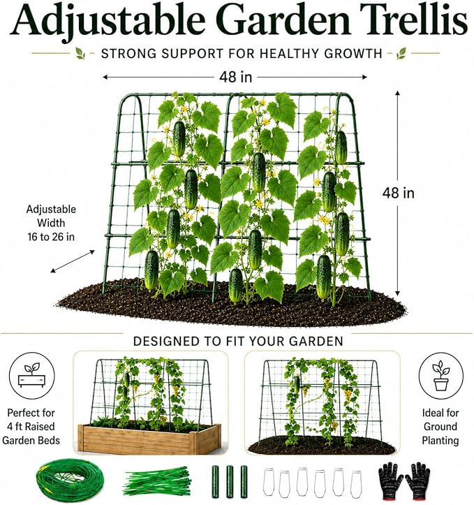 FOLLOOK Cucumber Trellis for Raised Garden Bed, Rustproof Metal Garden Arch Trellis for Climbing Plants Support Outdoor Fruit Grape Vine Vegetable Tomato Pole Bean Snap Pea Trellis, 48x48inch, Green