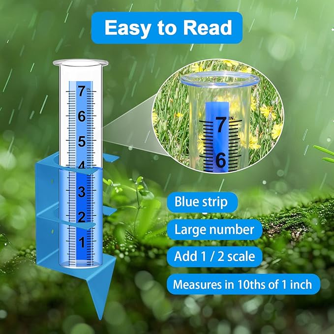 Rain Gauge Outdoor,7" Capacity Rain Gauge Outdoors Best Rated with Stainless Steel Mounting Rack Holder,Freeze Proof Plastic Large Rain Gauge for Yard Garden Fence Lawn Patio Farm (Blue)