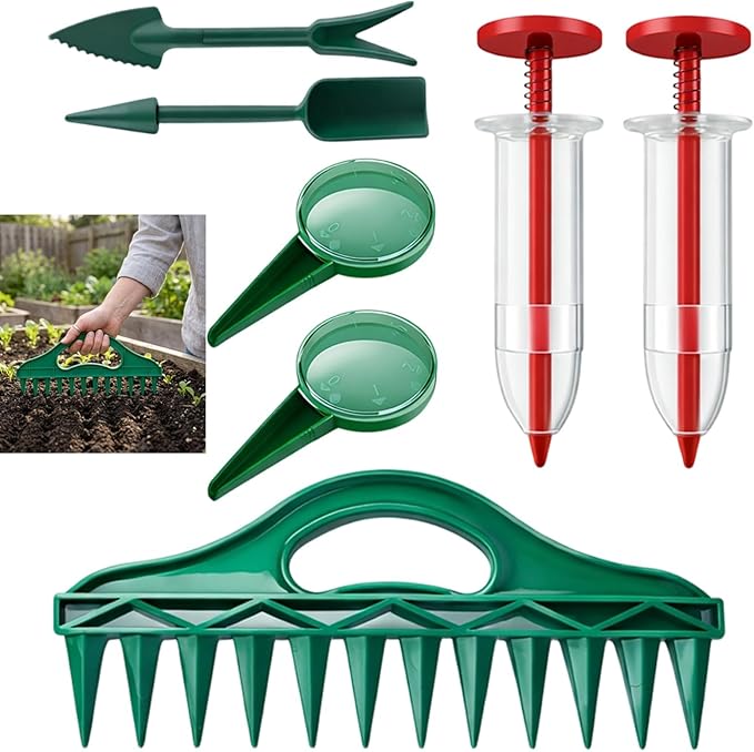 7-Piece 10inch Seed Spacing Set, Seed Planter Tool, Handheld Gardening Tool with Adjustable Seed Dispenser, Plastic Construction for Precision Planting and Garden Maintenance