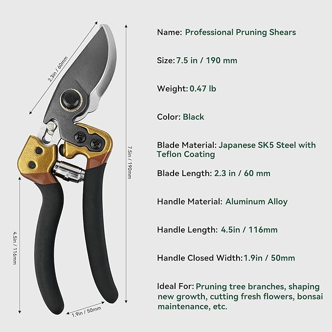 Professional Pruning Shears, Japanese SK5 Steel Blades for Precise Trimming, Bypass Pruners, Heavy Duty Garden Clippers for Branch Cutting, Bonsai, and Gardening