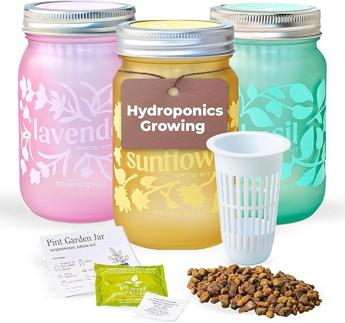 Modern Sprout Mason Garden Jar - Self-Watering Hydroponics Growing System Kit with Organic Herb Seeds - Jar Planter for Indoor Herb Garden -Seed Starter Kit - Decor & Gifting -Basil+Lavender+Sunflower