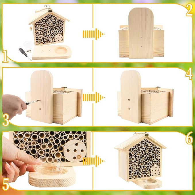 Mason Bee House with Feeding Trays - Natural Pine Wood Hanging Bee Hive,Insect Hotel for Garden Backyard, Outdoor Garden Decoration Attracts Bees, Butterflies, Ladybugs Pollinators