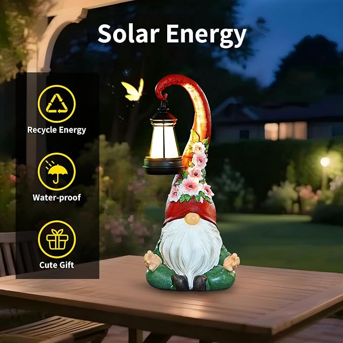 Garden Gnomes Statues Solar Lights Figurine Outdoor Lantern Lawn Porch Patio Yard Decor Balcony Home Zen Birthday Gifts for Grandma, Mom, Women, Sisters