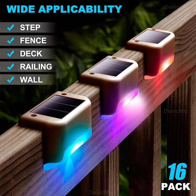DenicMic 16 Pack Solar Deck Lights Outdoor Waterproof Color Changing LED | Step Fence Patio Yard Stair Railling Pool Side Balcony Front Porch Outside Deck Lighting Decorative 5 Lumen ABS Brown Shell