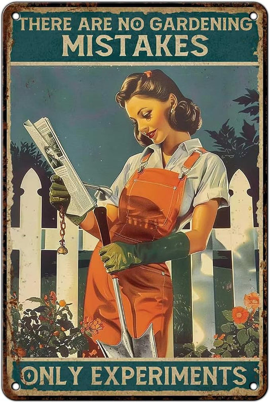 Funny Metal Garden Sign for Outside, There Are No Gardening Mistakes Only Experiments Vintage Tin Wall Decor for Yard Patio Greenhouse Farmhouse, 12x8 Inch