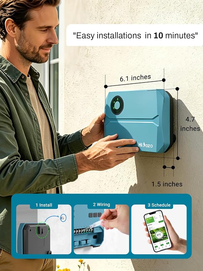Smart Sprinklers Controller WiFi, Irrigation Controller Easy Use App Enabled, 4 Zone + 16 Plans, Save Water Auto Skip Rain, Freeze & Wind, 10 Minutes Install