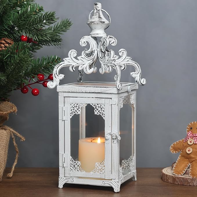 NEEDOMO Lanterns Decorative Indoor, 16" White Hanging Lantern Decor Outdoor, Vintage Metal Large Candle Lantern for Patio, Front Porch, Table, Home Decor, Candle Holder with Clear Glass