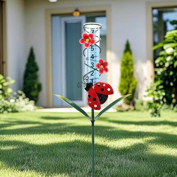 MUMTOP Rain Gauge Outdoor, 35 Inch Large Number Easy Read Water Measure Gauge for Lawn, Yard and Garden(Ladybug)