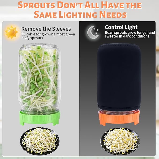 Seed Sprouting Jar Kit with Mung Beans 2.9oz, 2 Wide Mouth Mason Jars with Sprouting Lids, Drain Tray Blackout Sleeves, Sprouts Growing Kit for Growing Bean, Broccoli, Alfalfa, Radish Sprout Seeds