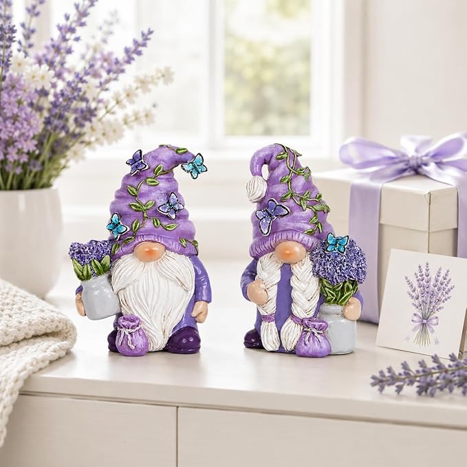 Hodao 2 Pcs Lavender Gnome Set – Spring & Summer Swedish Tomte Elf Figurines for Indoor Home Decor, Tiered Trays, Patios, Gardens for Mom, Grandma, Friends, Seasonal Decorations