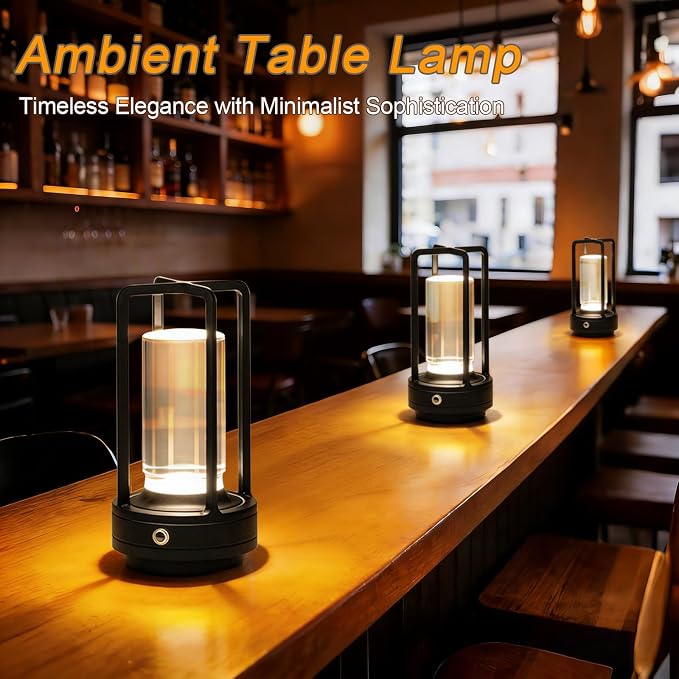 Rechargeable Table Lamp Cordless, 3 Color | Crystal | Stepless Dimming, for Dining Room, Living Room, Bar, Cafe, Restaurant, Patio, Camping, (Black)