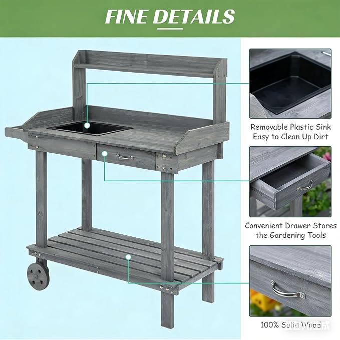 Potting Bench with Sink 36'' Garden Work Bench Mobile Planting Table with Wheels Drawer and 3-Tier Shelves for Patio Backyard Greenhouse Gray