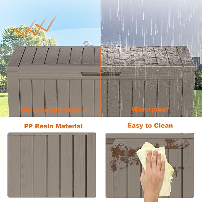 PatioZen 90 Gallon Resin Deck Box, Lockable Patio Outdoor Storage Box for Furniture, Garden Tools and Tools Storage, Waterproof Outside Storage Boxes - Grey