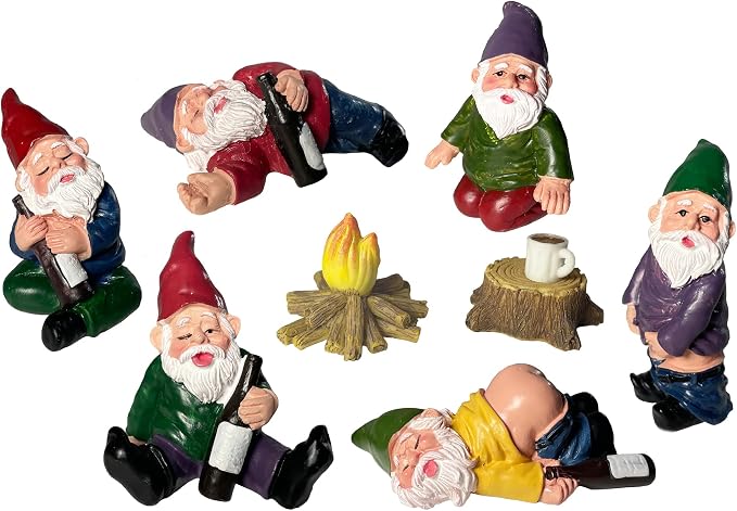 9pcs Miniature Gnomes Sets with Fire and Furniture - for Fairy Garden Decoration and Home Ornament