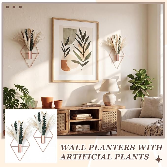 Canlierr 4 Pcs Rose Gold Wall Decor Hanging Planters with Artificial Plants Eucalyptus Pampas Grass Metal Hanging Vase Indoor Plants Holder Modern Boho Wall Art for Bathroom Bedroom Living Room Decor