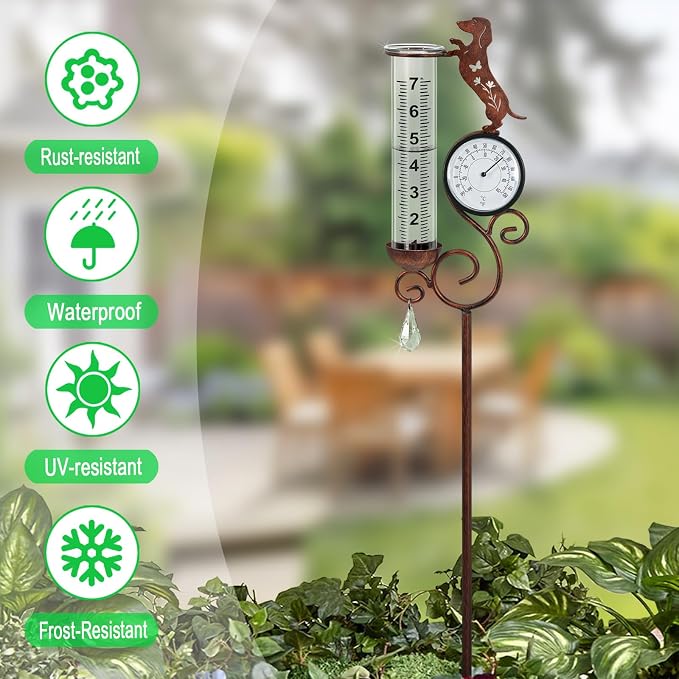 Dog Rain Gauge Outdoor,Large Number Scale Rain Gauge with Temperature & Hygrometer Metal Dachshund Garden Stakes for Outside,Lawn,Yard,Patio,Farm