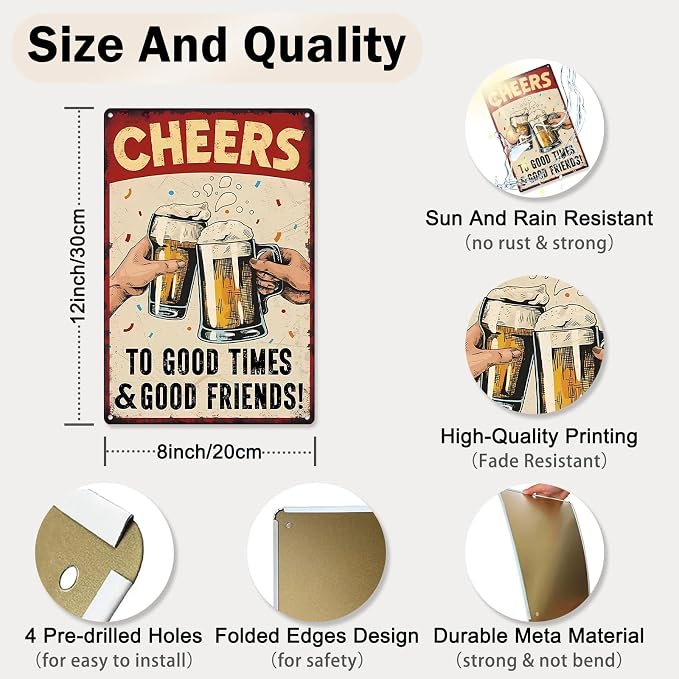 KBKBART Bar Sign For Home Bar Vintage Metal Tin Sign Cheers to Good Times Good Friends Wall Art Decor for Home Bar Pub Club Garage Man Cave Decor 8 X 12 Inches
