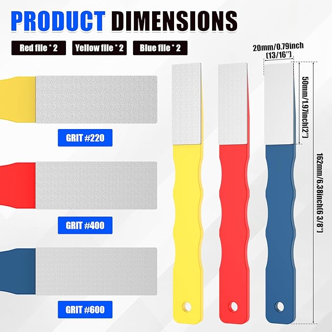 6Pcs Diamond Sharpening Hone Set 220/400/600 Grit Color Coded Portable Flat Hand File Knife Set with Non Slip Handle for Kitchen, Garden, Outdoor tools Fine/Coarse Grinding(6PCS)