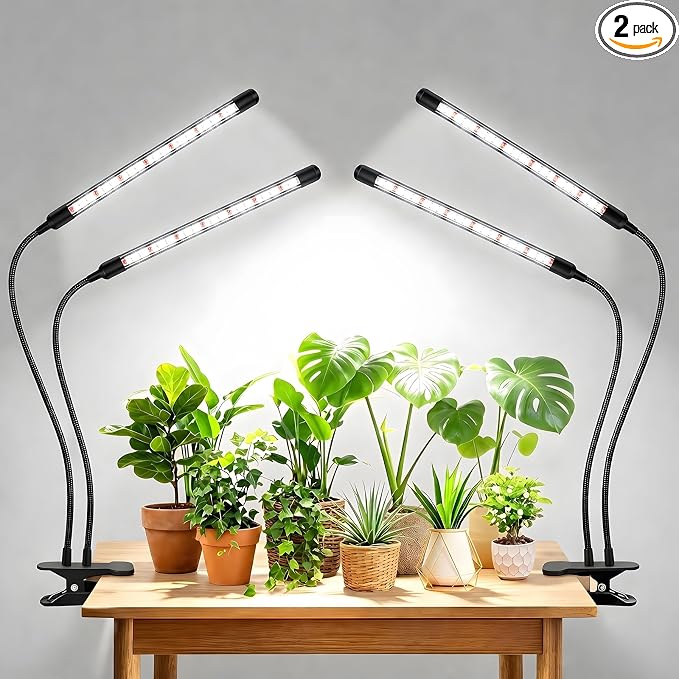 SDOVUERC Full Spectrum 2026 Grow Lights for Indoor Plants, Dual Head Clip Plant Lights with 6/12/18H Timer,3 Light Modes,5 Dimming Level for Plant Growing(Pack 2)