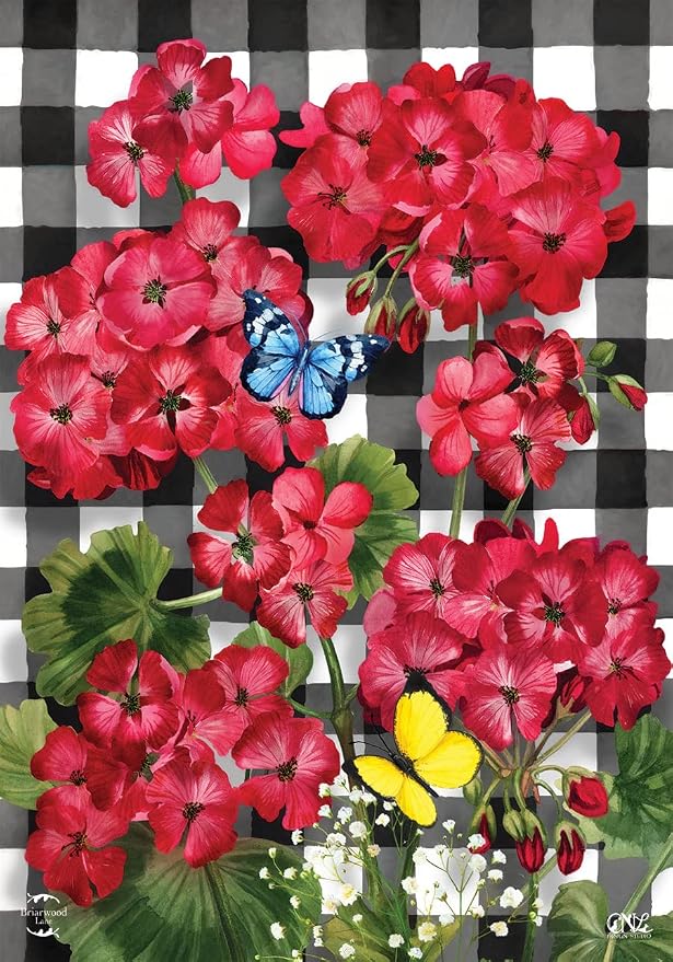 Briarwood Lane Checkered Geraniums Summer Garden Flag Floral 12.5" x 18"