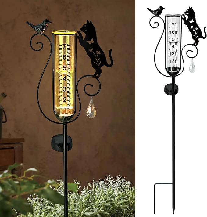 Rain Gauge Outdoor,Decorative Metal Black Cat and Bird Solar Light Stake with Glass Rain Gauges for Yard,Garden,Lawn, Pathway