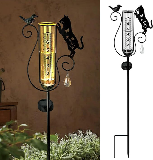 Rain Gauge Outdoor,Decorative Metal Black Cat and Bird Solar Light Stake with Glass Rain Gauges for Yard,Garden,Lawn, Pathway