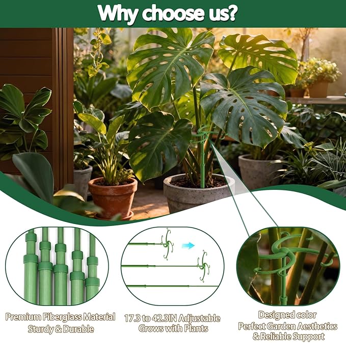 Plant Stakes, Telescoping Plant Support 5Pack 17.3 to 42.3IN Adjustable Monstera Plant Support, Garden Stakes with Clips,Sturdy Plant Sticks for Indoor Outdoor Plants,Orchid, Tomato,Vine,Monstera