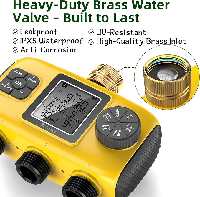 3 Zone Sprinkler Timer for Garden Hose,Garden Hose Timer with Brass Inlet,Programmable Automatic&Manual Irrigation System with LCD Display for Yard/Lawn/Pool,Rain Delay,IPX5 Waterproof