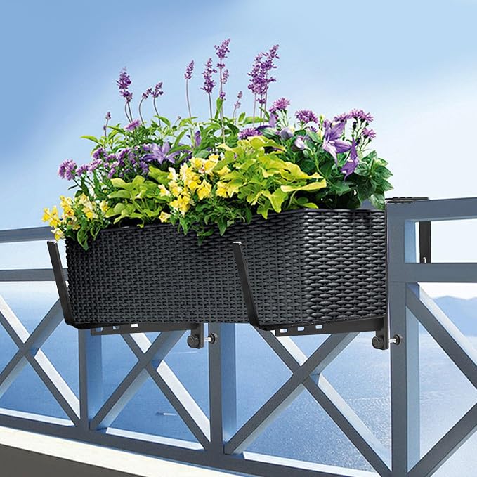 4 Pcs Adjustable Railing Planter Boxes Brackets,Heavy Duty Iron Window Box Planters Holder Outdoor for Railings,Windowsill,Patio,Deck,Garden,Balcony,Fence,Wall,Porch,Black