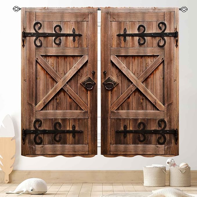 Wooden Barn Door Curtains, Rustic Brown Wood Board Farmhouse Country Cottage Western Barnwood Garage Gate Drapes Window Curtains for Living Room Bedroom Kitchen 2 Panels, 63"x72" Inch