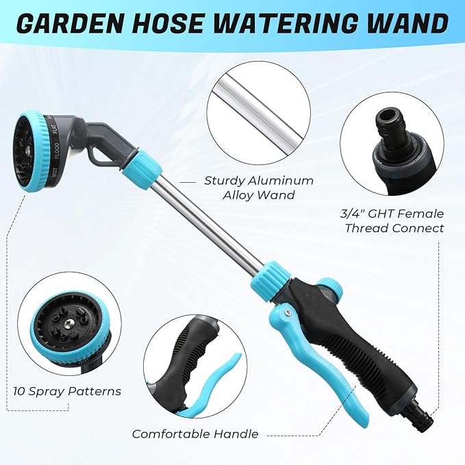 Hushee 2 Pack Garden Hose Watering Wand, 17.7 Inch Metal Watering Wand with 10 Spray Patterns and Shut Off Valve, Hose Sprayer Nozzle for Hanging Baskets Shrubs Plants Garden Lawn(Blue)