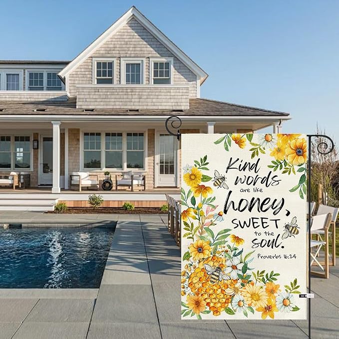 Baccessor Summer Bee Garden Flag 12.5x18 Inch Double Sided Burlap, Kind Word Honey Sweet Yellow Floral Flowers Holiday Front Yard Lawn Outdoor Outside Decoration