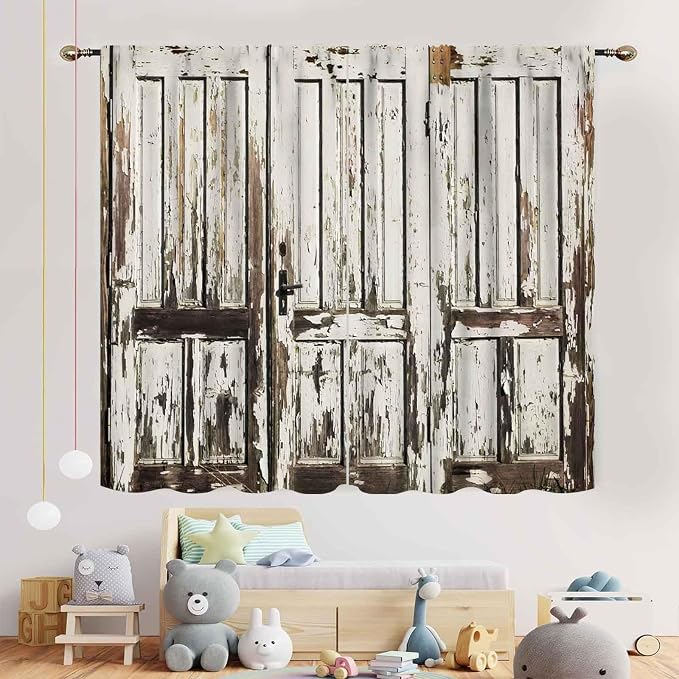 Rustic Wooden Curtains, Farmhouse Old Barn Door Country Cottage Western Barnwood Garage Printed Blackout Window Drapery Treatments for Kitchen Living Room Bedroom 2 Panels Set, 84"x84" Inch
