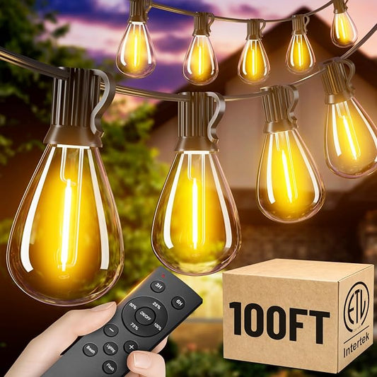 100FT Patio String Lights Outdoor, 35+1 LED Shatterproof Bulbs with Remote & Timer,2700K Dimmable Waterproof Hanging Decor for Backyard, Garden, Porch, Balcony, Wedding Party Lighting