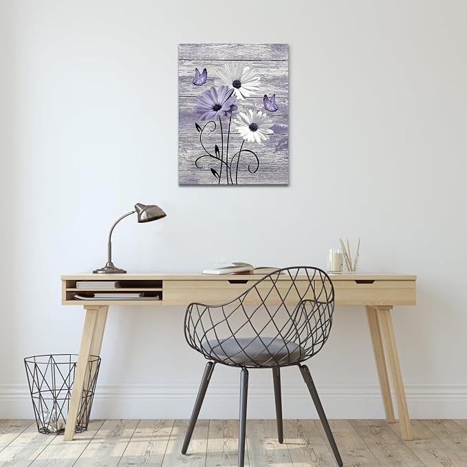 MYUSRE Vintage Floral Purple Canvas Wall Art Farmhouse Daisy and Butterfly on Wooden Pictures Wall Decor Country Wildflower Framed Wall Art for Living Room Bedroom Bathroom Home Decor, 20L X 16W inches