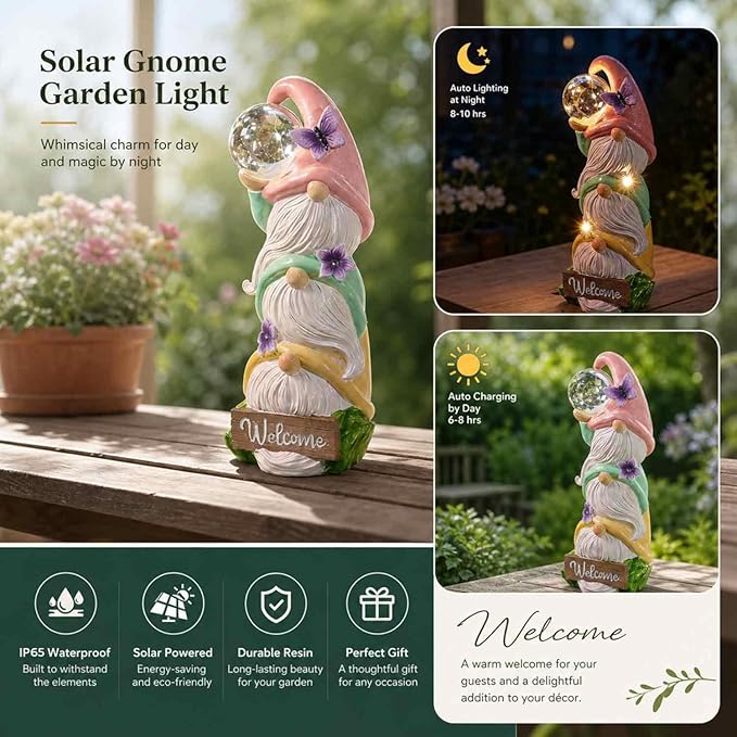 Large Garden Gnome Statues Solar Lights, Waterproof Outdoor 3 Stacked Spring Gnomes Sculptures Gifts Idea for Birthday Mother Father Day Christmas Thanksgiving 12 Inch Welcome Sign Porch Decor