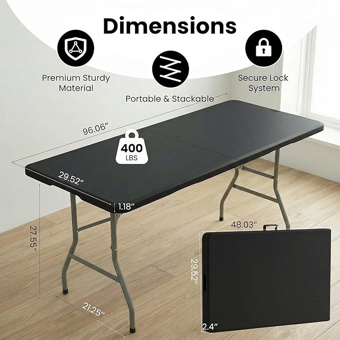 8 Foot Foldable Table with Built in Handle & Steel Legs, 8FT Portable Heavy Duty Plastic Folding Tables for Parties, Dining, Wedding, Events, Picnic, Indoor & Outdoor, Camping, Utility