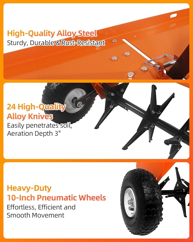 40" Tow Behind Aerator, Pull Behind Lawn Aerator Tool with Universal Hich, 24 Rust-Proof Knives & Heavy-Duty Tires, Plug Aerator for Yard & Garden Compacted Soil, Fits Lawn Tractors, ATV, UTV, Orange