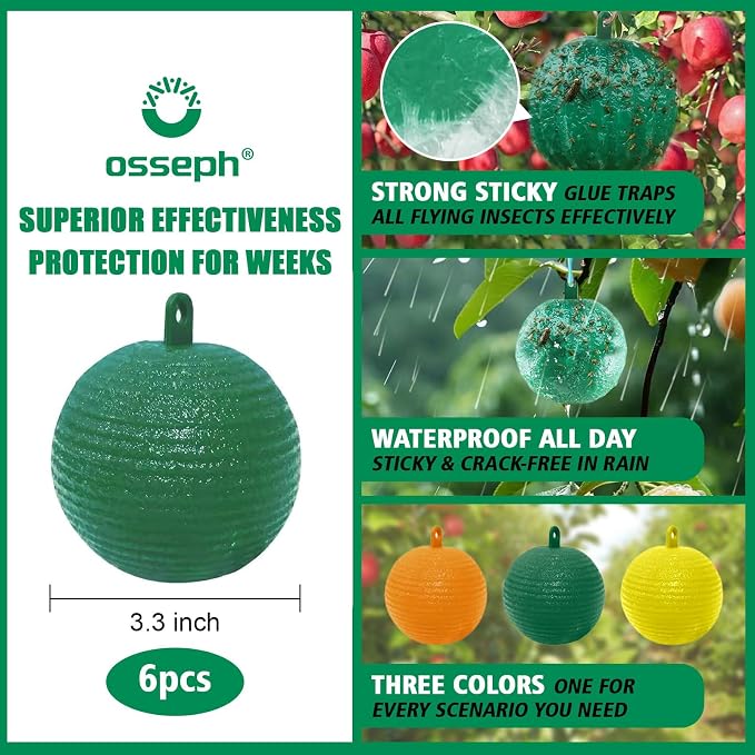 Sticky Insect Trap Ball, osseph Fruit Fly Trap Balls for Indoor Outdoor 6pc, Physical Extra Sticky Hanging Bug Ball Catches Flie Gnat Wasps Mosquitoe Flying Insects (Green)
