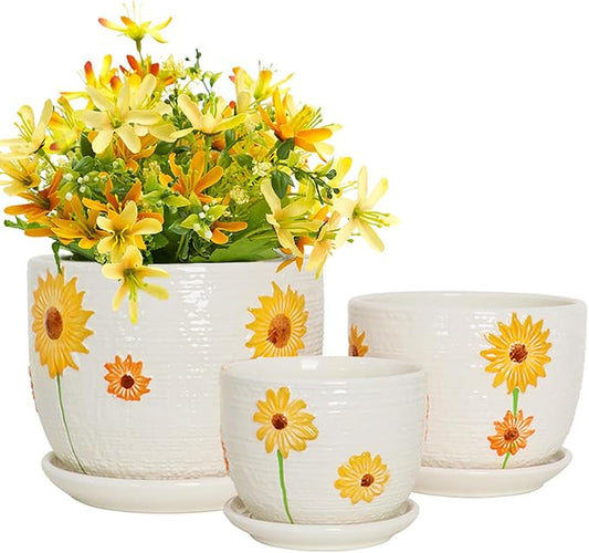 Hlukana Ceramic Plant Pots Set of 3, 6.75/5.6/4.2 inch Planters with Drainage Holes and Saucer, Flower Pots Outdoor Indoor, Modern Decorative Planters for House Plants Garden Planters Succulent Pots