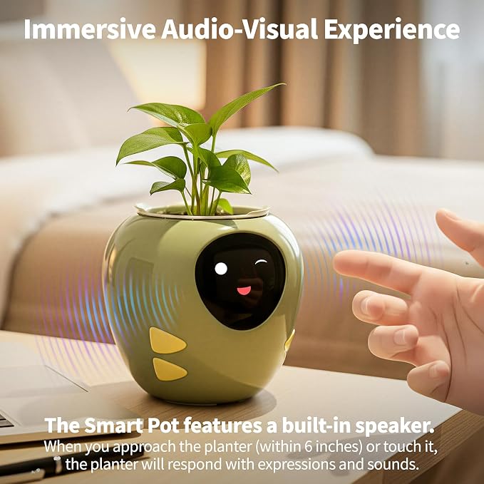 Masdio Plantbot Upgraded Large Smart Flower Pot Pet Planter Robot with Artificial Intelligence, Time Temperature Display, and Numerous Expressive Animations Based, for Indoor Decoration, Gifts (Pink)